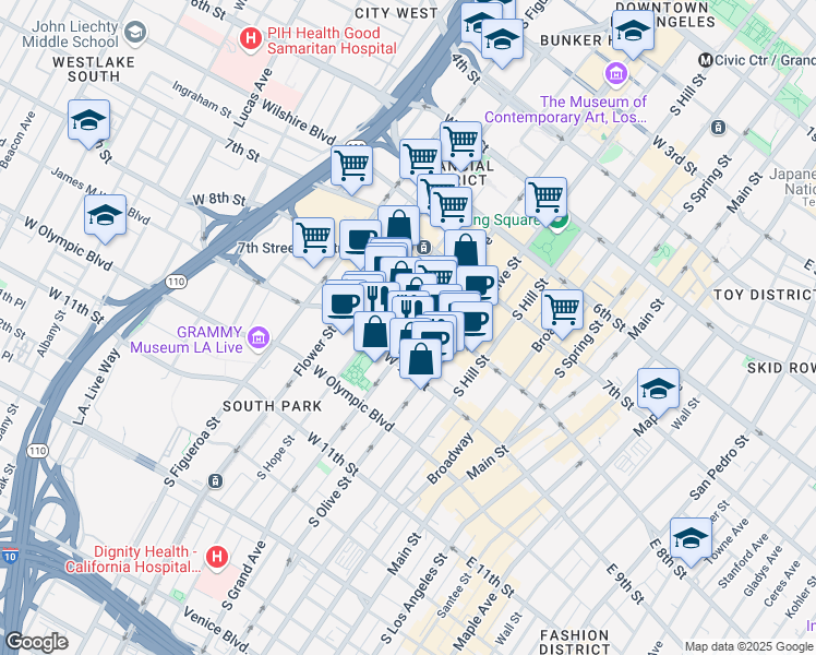 map of restaurants, bars, coffee shops, grocery stores, and more near 801 South Grand Avenue in Los Angeles
