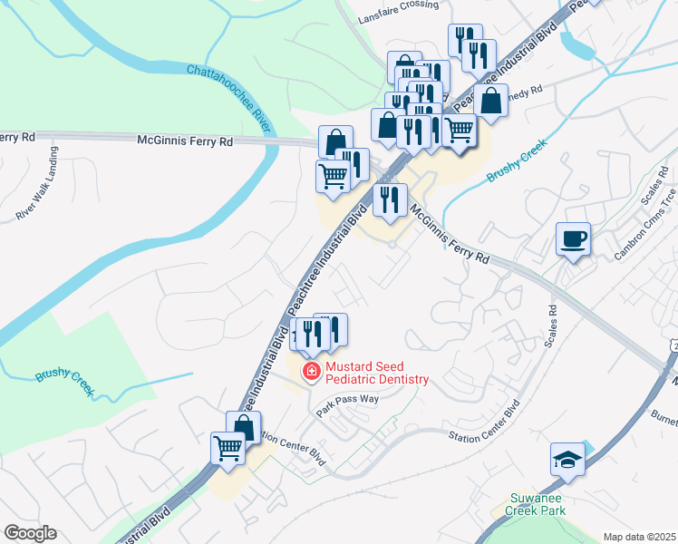 map of restaurants, bars, coffee shops, grocery stores, and more near 1185 Peachtree Industrial Boulevard in Suwanee
