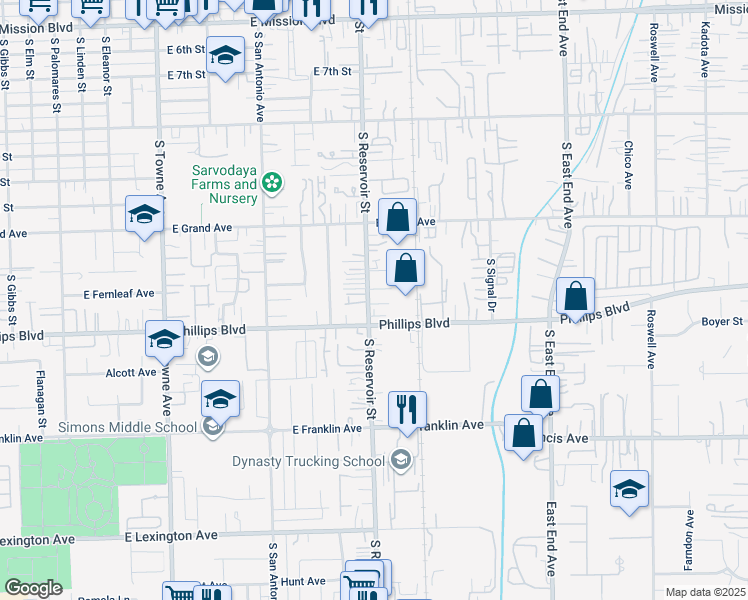 map of restaurants, bars, coffee shops, grocery stores, and more near 1454 South Reservoir Street in Pomona