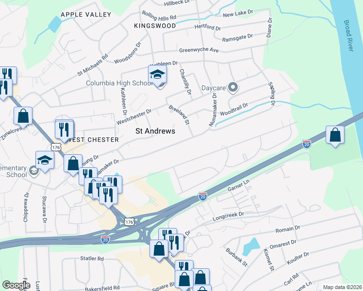 map of restaurants, bars, coffee shops, grocery stores, and more near 1544 Nunamaker Drive in Columbia