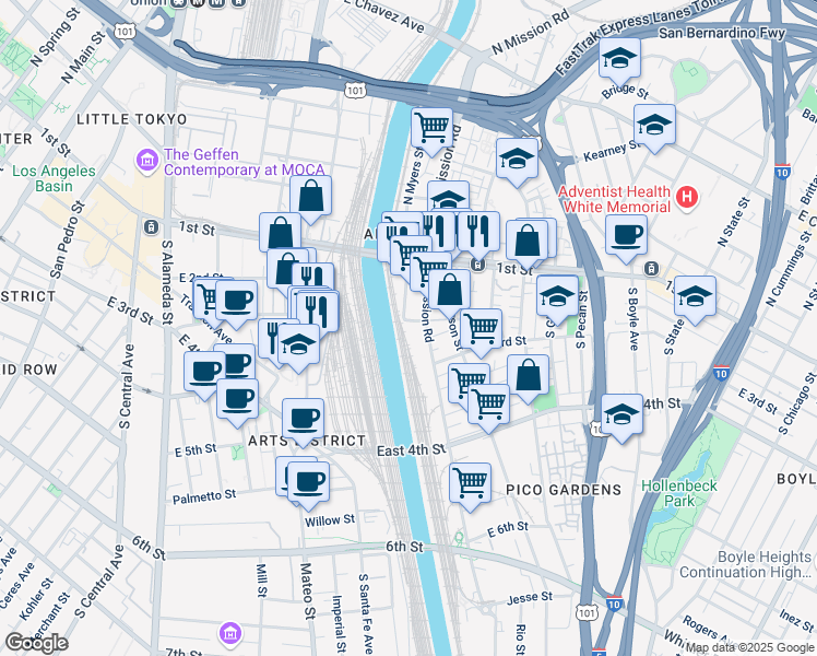 map of restaurants, bars, coffee shops, grocery stores, and more near 185 S Myers St in Los Angeles