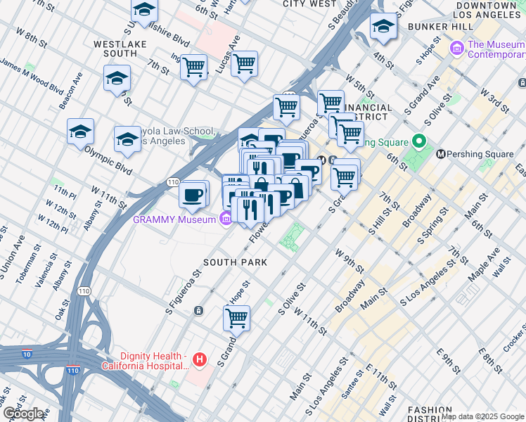 map of restaurants, bars, coffee shops, grocery stores, and more near 928 South Figueroa Street in Los Angeles