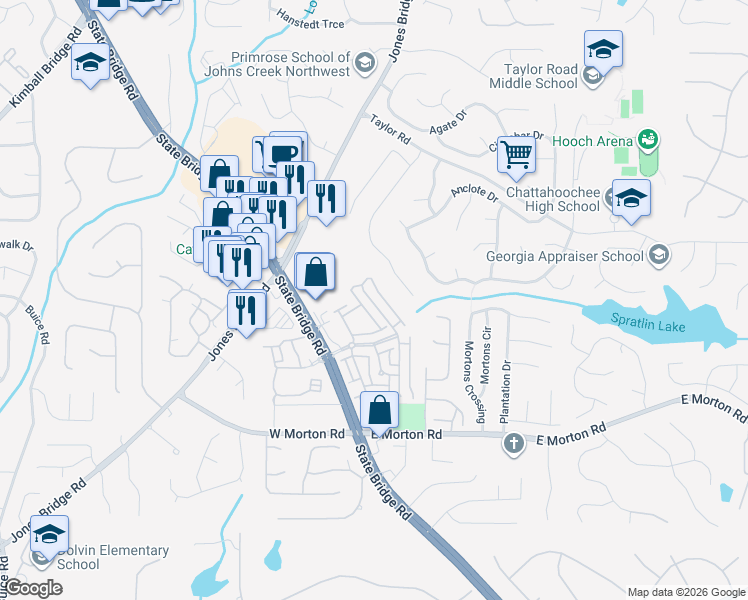 map of restaurants, bars, coffee shops, grocery stores, and more near 10867 Bossier Drive in Johns Creek