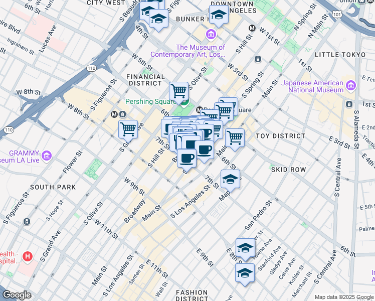 map of restaurants, bars, coffee shops, grocery stores, and more near 640 South Broadway in Los Angeles