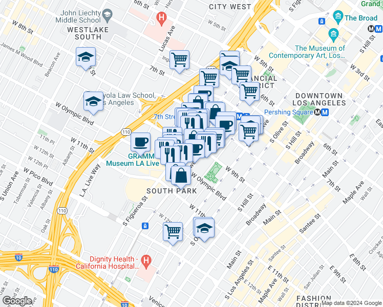 map of restaurants, bars, coffee shops, grocery stores, and more near 901 South Flower Street in Los Angeles
