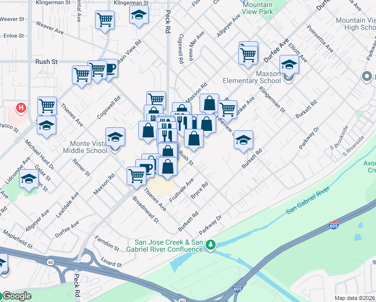 map of restaurants, bars, coffee shops, grocery stores, and more near 12331 Rush Street in South El Monte