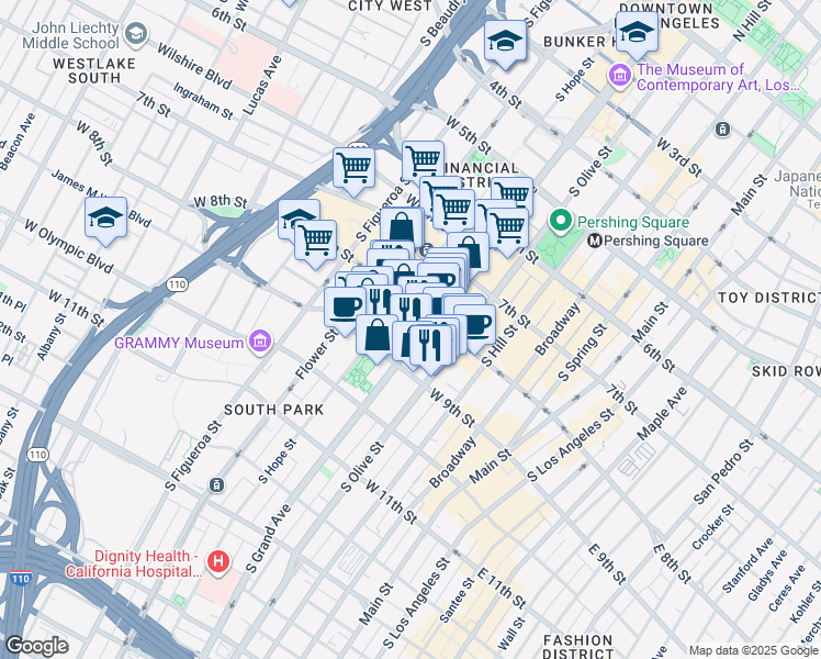 map of restaurants, bars, coffee shops, grocery stores, and more near 801 South Grand Avenue in Los Angeles