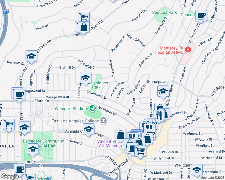 map of restaurants, bars, coffee shops, grocery stores, and more near 1561 Rolling Hill Drive in Monterey Park