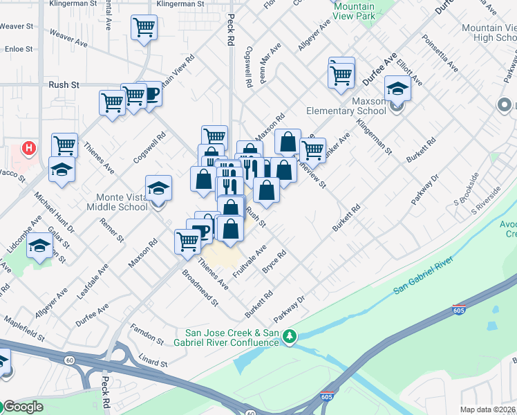 map of restaurants, bars, coffee shops, grocery stores, and more near 12331 Rush Street in South El Monte