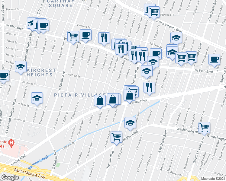 map of restaurants, bars, coffee shops, grocery stores, and more near 1609 South Sierra Bonita Avenue in Los Angeles