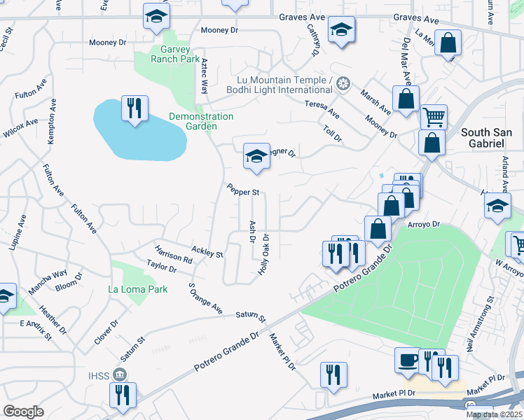 map of restaurants, bars, coffee shops, grocery stores, and more near 1745 Holly Oak Drive in Monterey Park