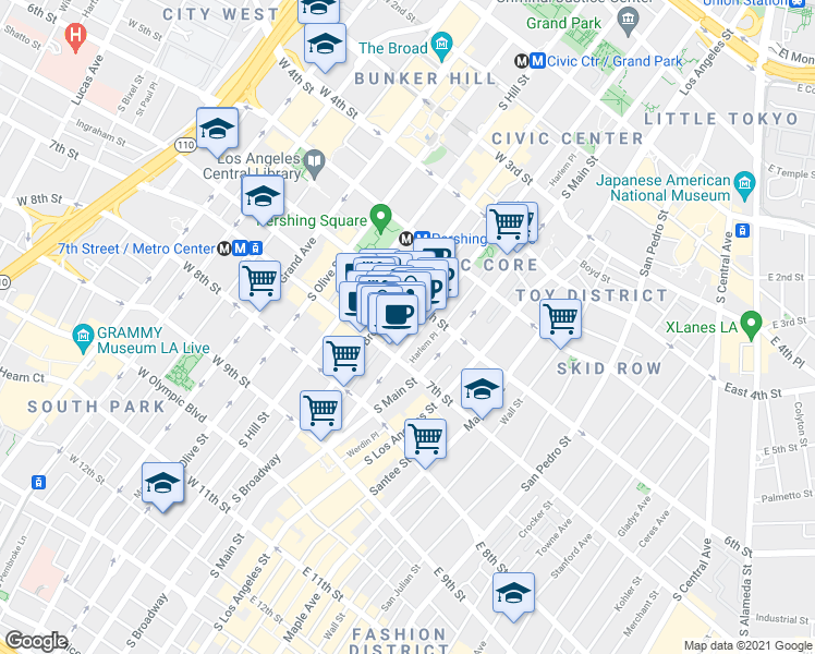 map of restaurants, bars, coffee shops, grocery stores, and more near 640 South Broadway in Los Angeles