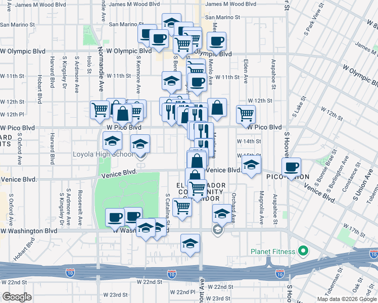 map of restaurants, bars, coffee shops, grocery stores, and more near 1429 South New Hampshire Avenue in Los Angeles