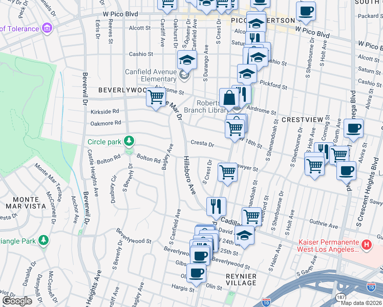 map of restaurants, bars, coffee shops, grocery stores, and more near 9145 Sawyer Street in Los Angeles