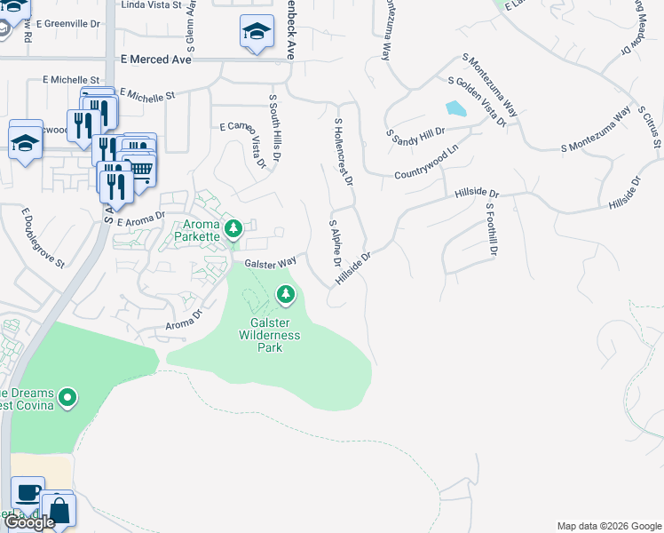 map of restaurants, bars, coffee shops, grocery stores, and more near 1555 South Alpine Drive in West Covina