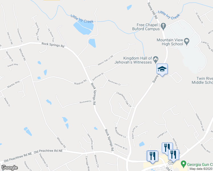 map of restaurants, bars, coffee shops, grocery stores, and more near 1877 Rocky Water Court in Buford