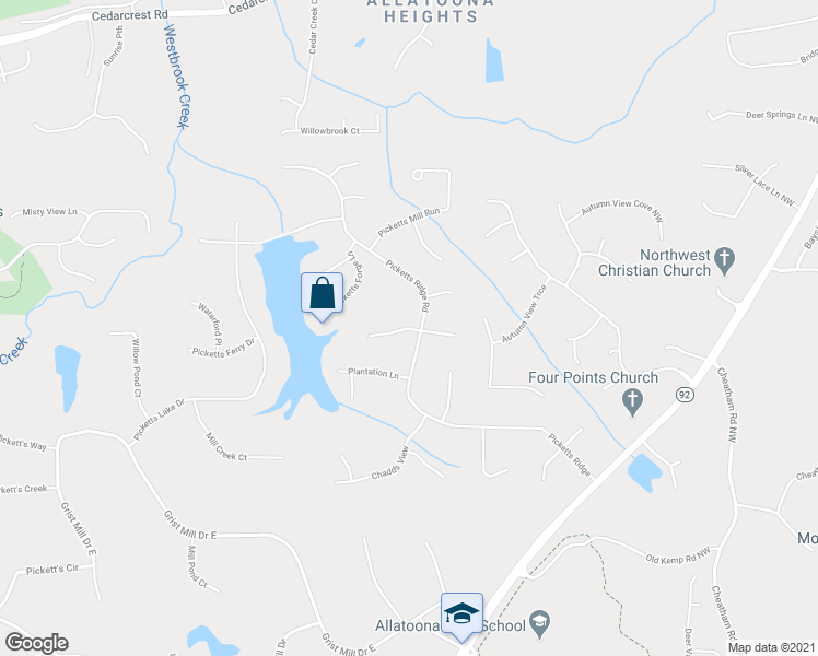 map of restaurants, bars, coffee shops, grocery stores, and more near 40 Picketts Forge Drive West in Acworth