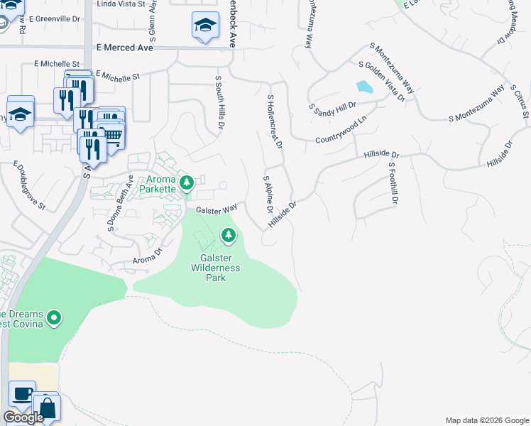 map of restaurants, bars, coffee shops, grocery stores, and more near 1555 South Alpine Drive in West Covina