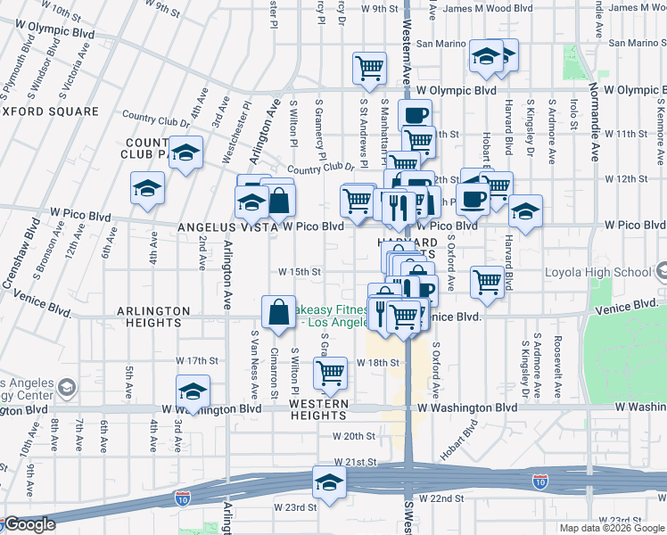 map of restaurants, bars, coffee shops, grocery stores, and more near 1414 South Gramercy Place in Los Angeles