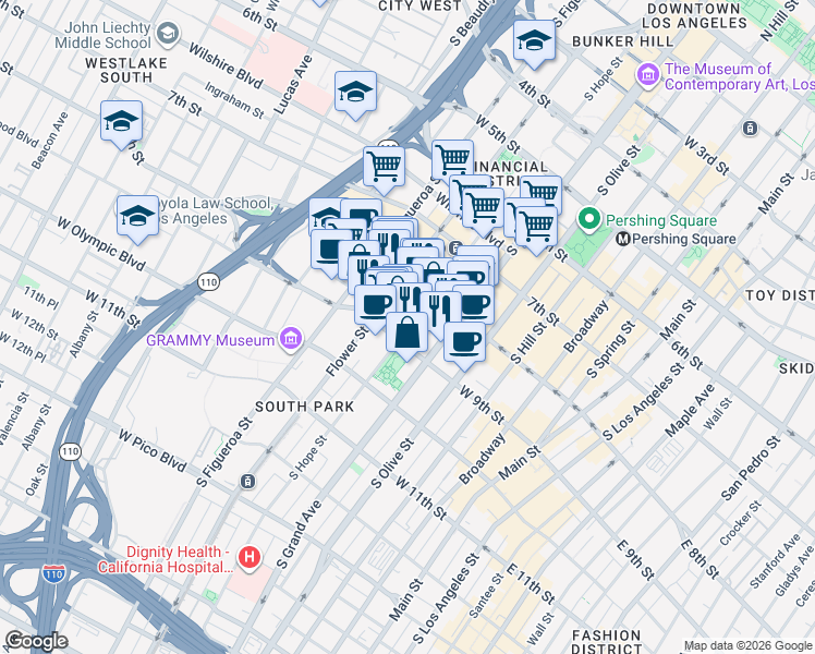 map of restaurants, bars, coffee shops, grocery stores, and more near 645 West 9th Street in Los Angeles