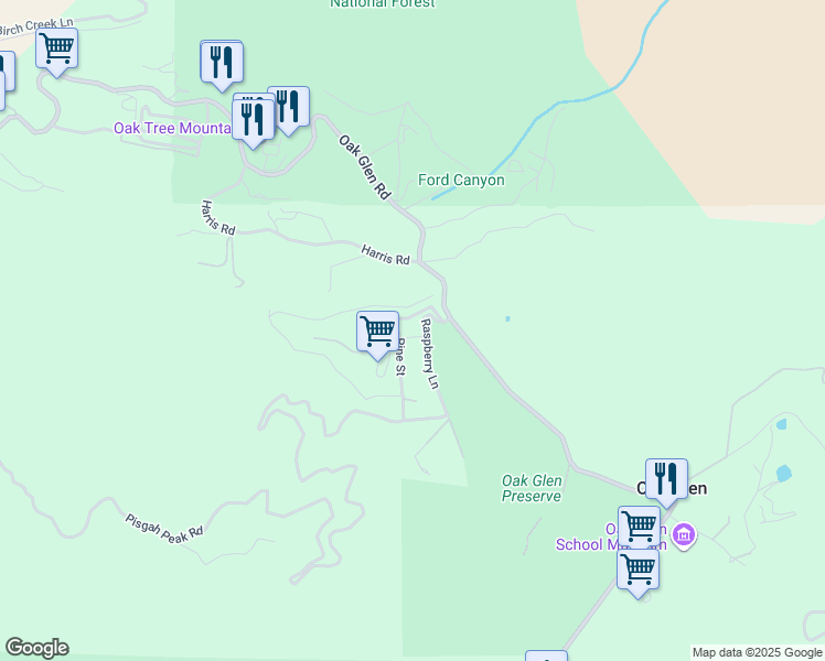 map of restaurants, bars, coffee shops, grocery stores, and more near 39327 Oak Glen Road in Oak Glen