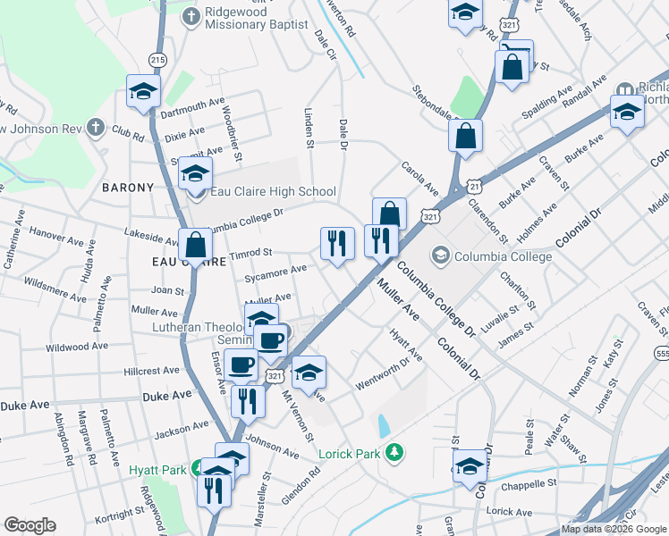 map of restaurants, bars, coffee shops, grocery stores, and more near 1206 Sycamore Avenue in Columbia
