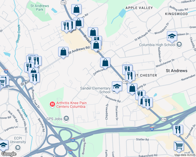 map of restaurants, bars, coffee shops, grocery stores, and more near 2827 Friendly Lane in Columbia