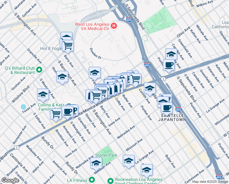 map of restaurants, bars, coffee shops, grocery stores, and more near 11523 Santa Monica Boulevard in Los Angeles
