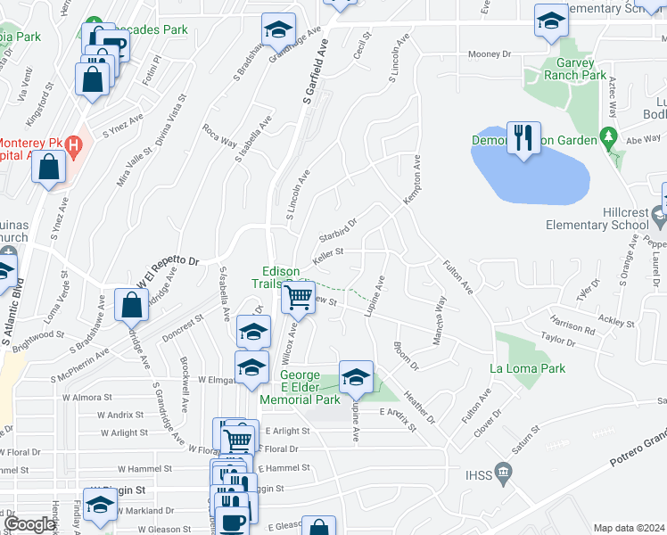 map of restaurants, bars, coffee shops, grocery stores, and more near 1682 Starbird Drive in Monterey Park