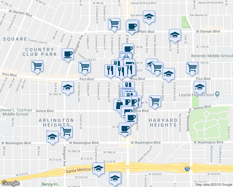 map of restaurants, bars, coffee shops, grocery stores, and more near 1423 S Manhattan Pl in Los Angeles