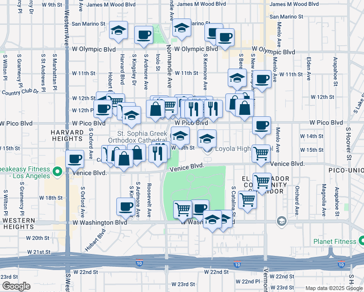 map of restaurants, bars, coffee shops, grocery stores, and more near 1425 South Mariposa Avenue in Los Angeles
