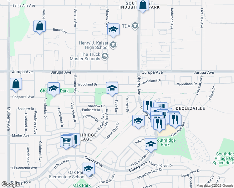 map of restaurants, bars, coffee shops, grocery stores, and more near 14354 Chaparral Avenue in Fontana