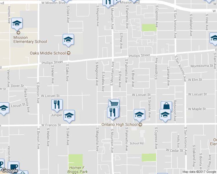 map of restaurants, bars, coffee shops, grocery stores, and more near 1115 West Eucalyptus Court in Ontario
