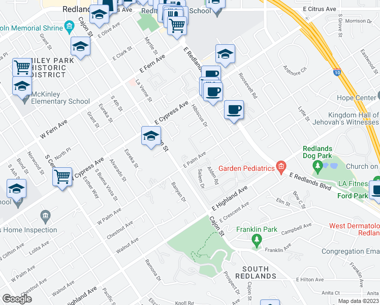 map of restaurants, bars, coffee shops, grocery stores, and more near 127 East Palm Lane Drive in Redlands