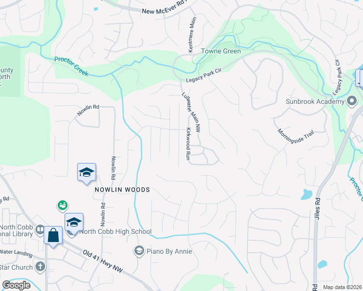map of restaurants, bars, coffee shops, grocery stores, and more near 3620 Bancroft Main Northwest in Kennesaw