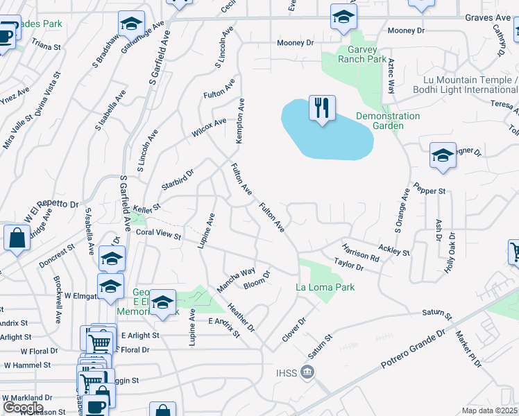 map of restaurants, bars, coffee shops, grocery stores, and more near 1721 Fulton Avenue in Monterey Park
