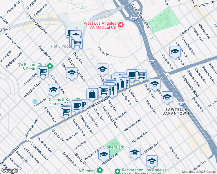 map of restaurants, bars, coffee shops, grocery stores, and more near Federal Ave & Ohio Ave in Los Angeles