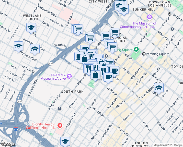 map of restaurants, bars, coffee shops, grocery stores, and more near 888 South Hope Street in Los Angeles