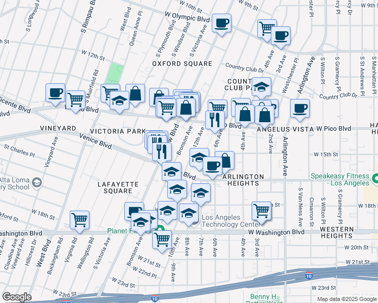 map of restaurants, bars, coffee shops, grocery stores, and more near 1437 12th Avenue in Los Angeles