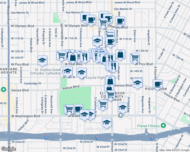 map of restaurants, bars, coffee shops, grocery stores, and more near 1424 South Catalina Street in Los Angeles