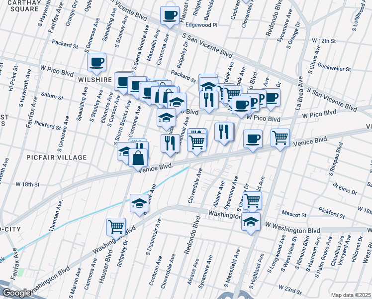 map of restaurants, bars, coffee shops, grocery stores, and more near 1528 South Dunsmuir Avenue in Los Angeles