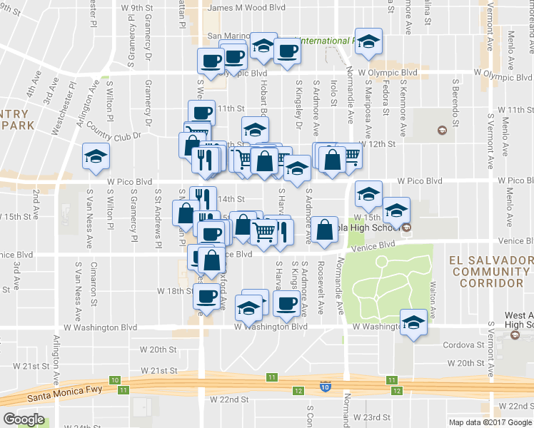 map of restaurants, bars, coffee shops, grocery stores, and more near 1438 South Hobart Boulevard in Los Angeles