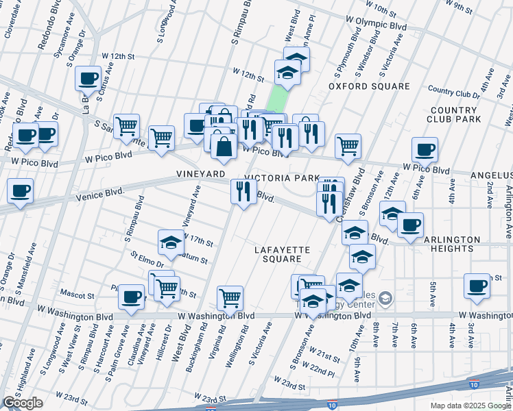 map of restaurants, bars, coffee shops, grocery stores, and more near 1621 Buckingham Road in Los Angeles