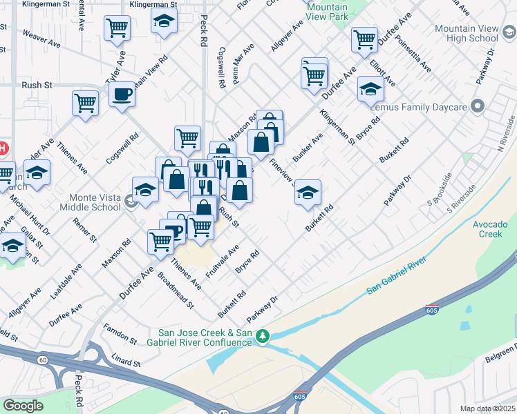 map of restaurants, bars, coffee shops, grocery stores, and more near 12352 Barringer St in South El Monte