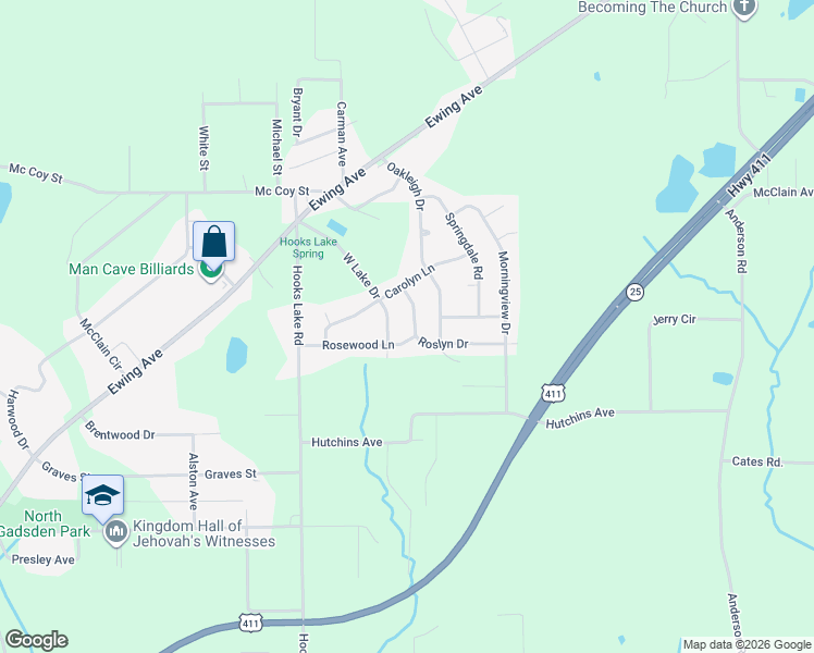 map of restaurants, bars, coffee shops, grocery stores, and more near 313 Roslyn Drive in Gadsden
