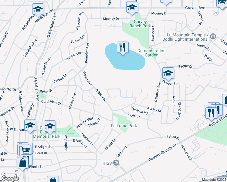 map of restaurants, bars, coffee shops, grocery stores, and more near 442 Van Buren Drive in Monterey Park