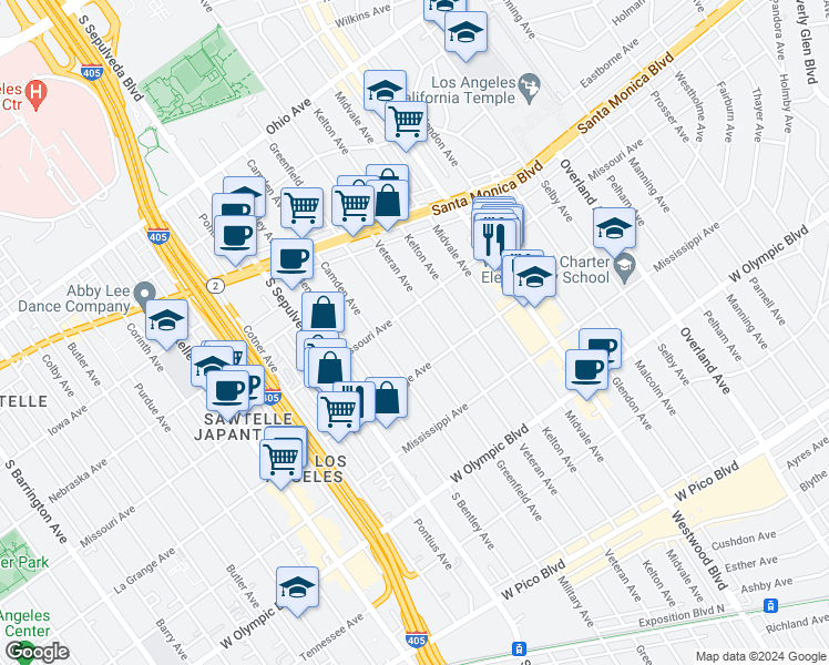 map of restaurants, bars, coffee shops, grocery stores, and more near 1922 Greenfield Avenue in Los Angeles