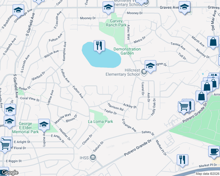 map of restaurants, bars, coffee shops, grocery stores, and more near 1748 Adams Way in Monterey Park