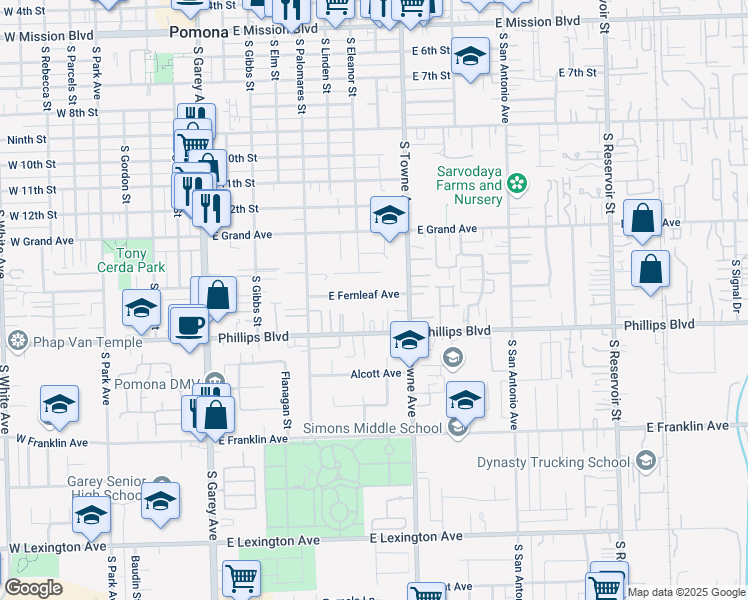 map of restaurants, bars, coffee shops, grocery stores, and more near 732 East Fernleaf Avenue in Pomona