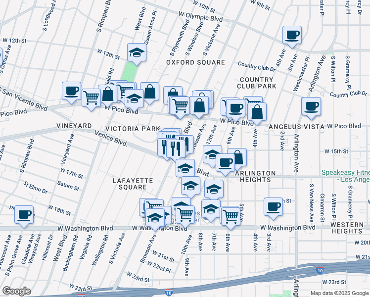 map of restaurants, bars, coffee shops, grocery stores, and more near 1500 Crenshaw Boulevard in Los Angeles